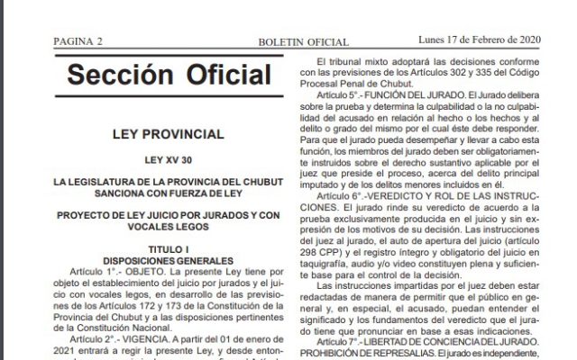 Chubut: la Ley de Juicio por Jurados se publicó en el Boletín Oficial